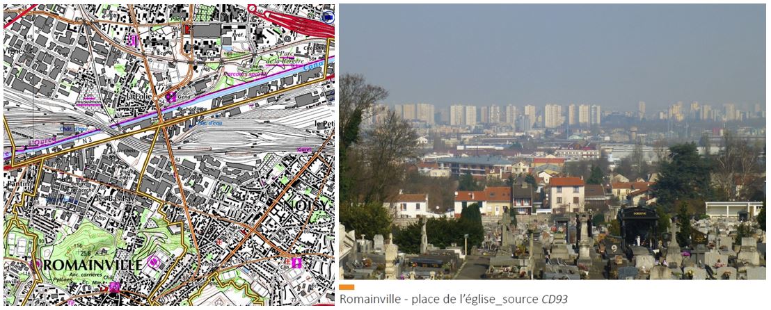 A gauche, la carte IGN 1/25000, à droite une perception des tours de Bobigny depuis le parvis de la Mairie de Romainville.