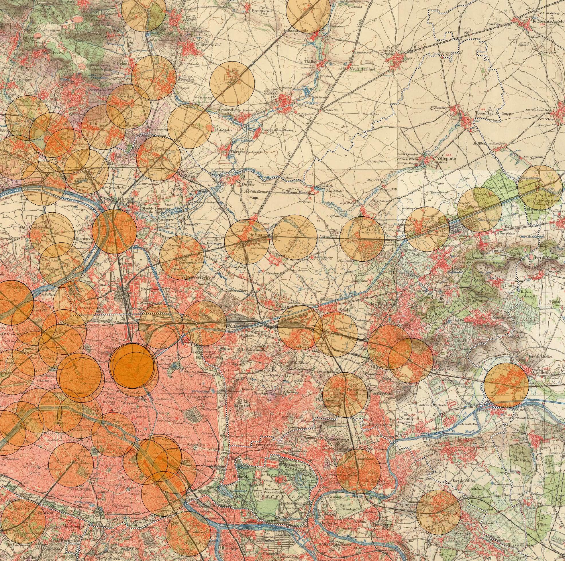 Les gares du XIXe siècle et l’urbanisation en 1900 (les cercles font 1 km de rayon)