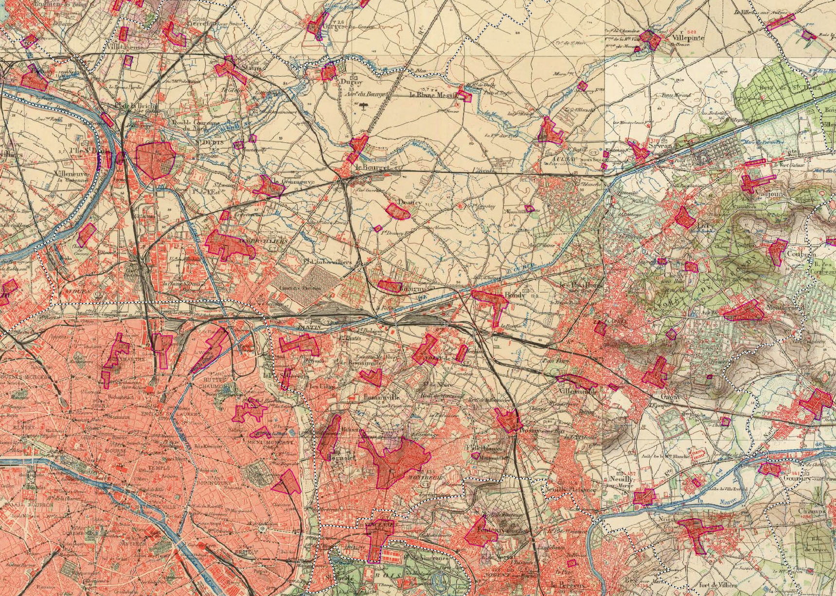Carte de 1901 et noyaux historiques correspondant aux enveloppes urbaines du XVIIe siècle