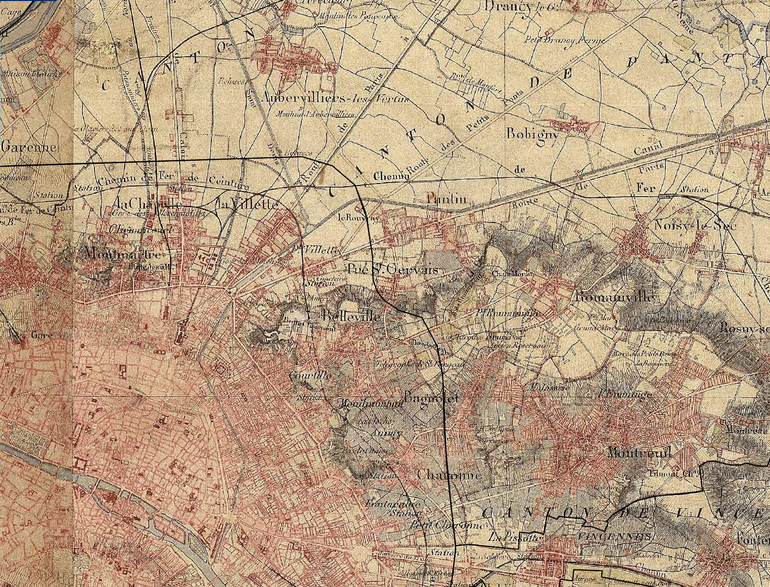 Carte de l'Etat-Major de 1835 (la frontière actuelle est ajoutée en noir)