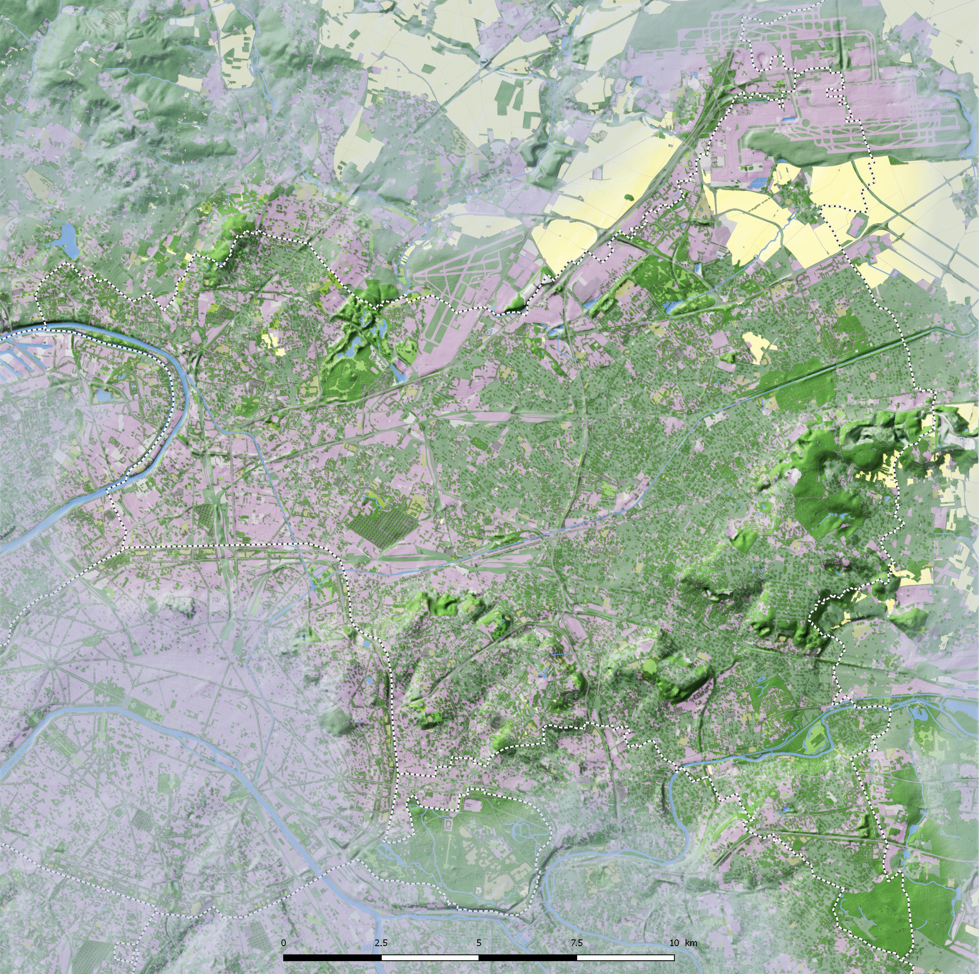 Carte des éléments de nature : les reliefs, les cours d’eau, et la présence de la végétation