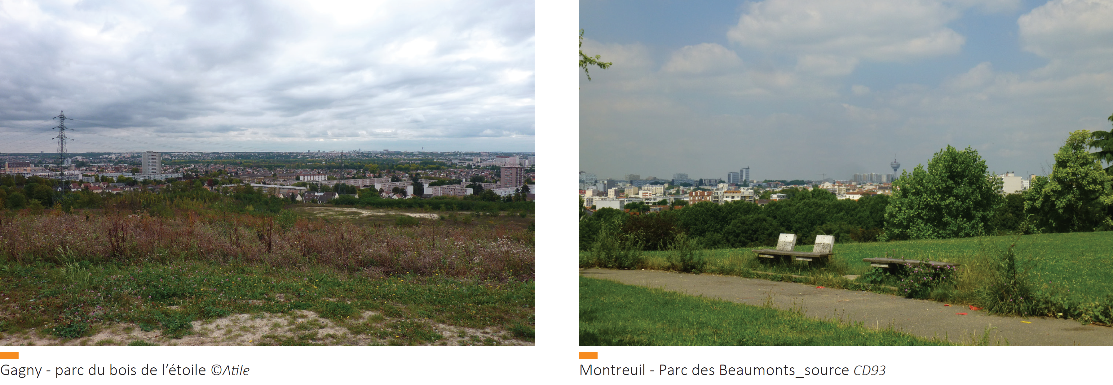 Panoramas sur les paysages de la Seine-Saint-Denis, depuis les positions des rebords des buttes, aménagés en parcs urbains.